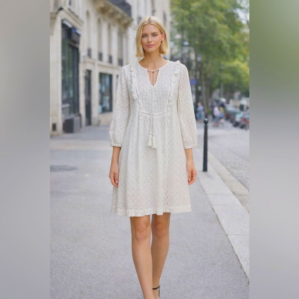 Anthropologie Thames Dress White Eyelet Cotton Womens 4 3/4 Sleeve Mini Boho